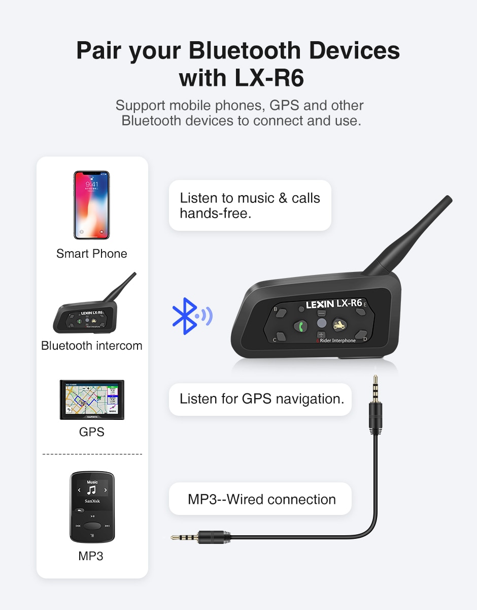 Motorcycle Bluetooth Intercom for Six Riders