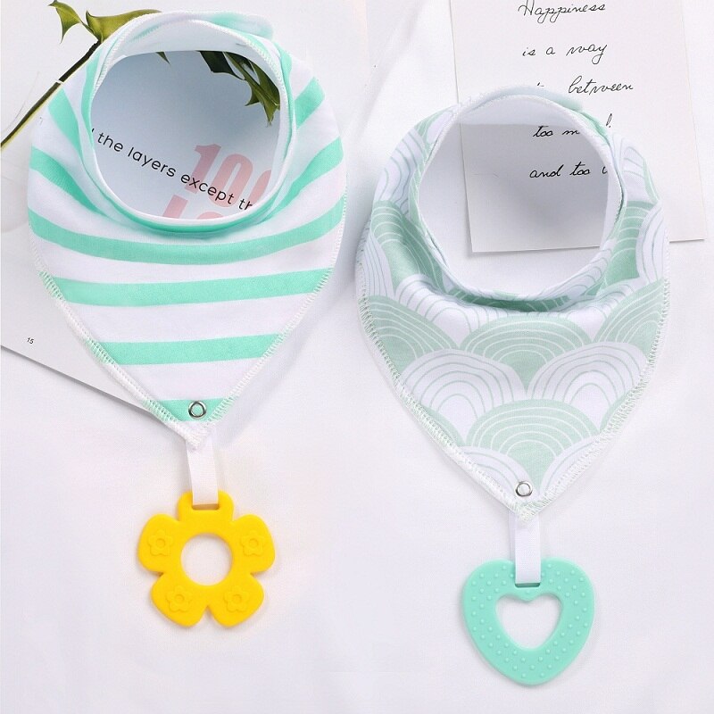 Soft Absorbent Colorful Organic Cotton Baby Bib with Teething Toy 2 pcs Set